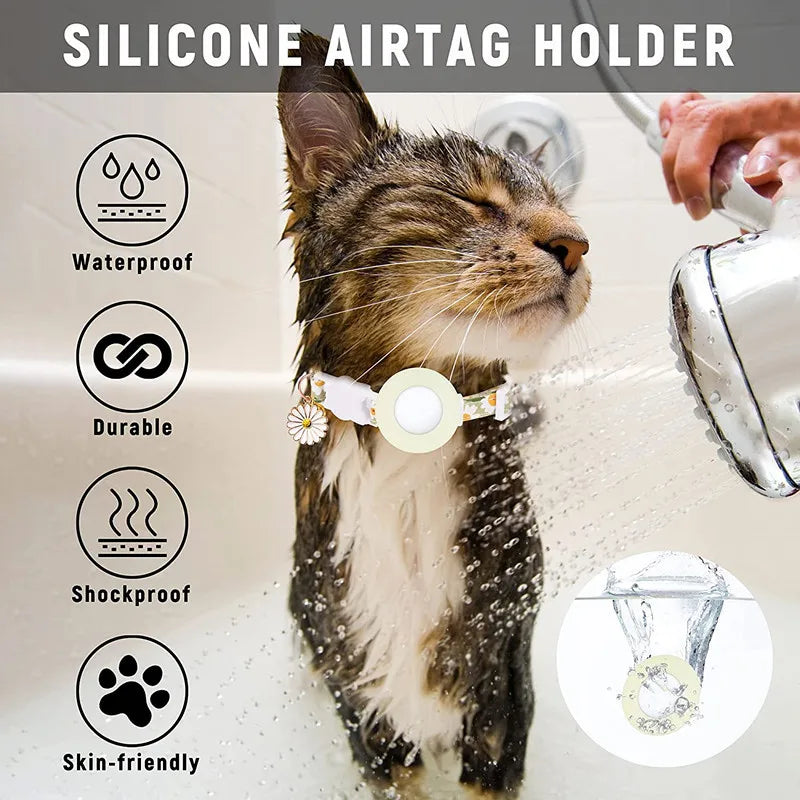 Collier de chat sécurisé avec support AirTag marguerite et grelot