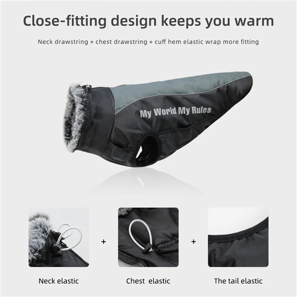 Reflective Waterproof Winter Dog Coat with Fur Collar & Harness