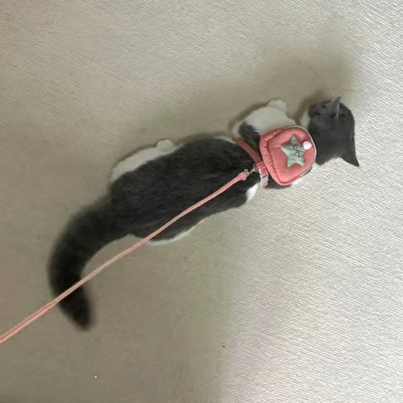 Cartoon Print Cat & Dog Harness with Leash Set and Snack Bag