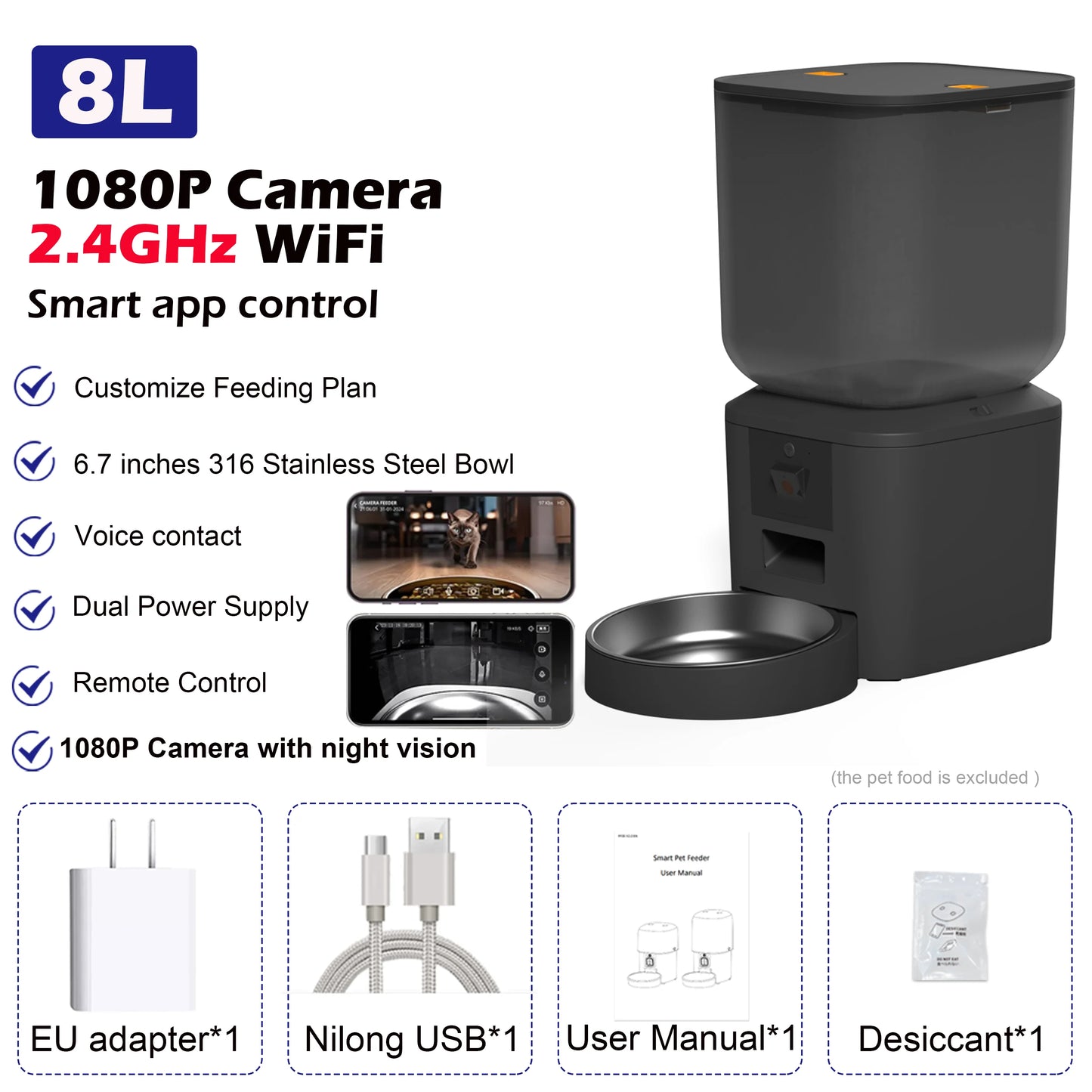 8L Smart Pet Feeder with 1080P Camera, Night Vision & Stainless Steel Bowl — 5G Wi-Fi & Tuya App