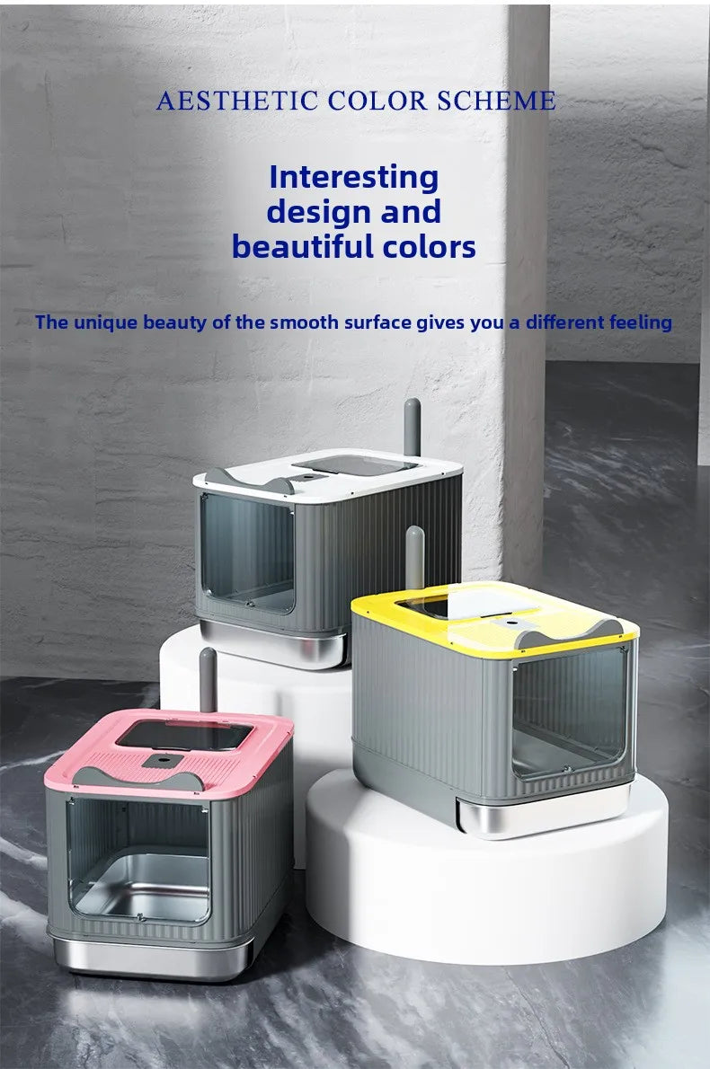 XXL Stainless Steel Enclosed Self-Cleaning Cat Litter Box — Anti-Splash Drawer in White, Yellow & Pink