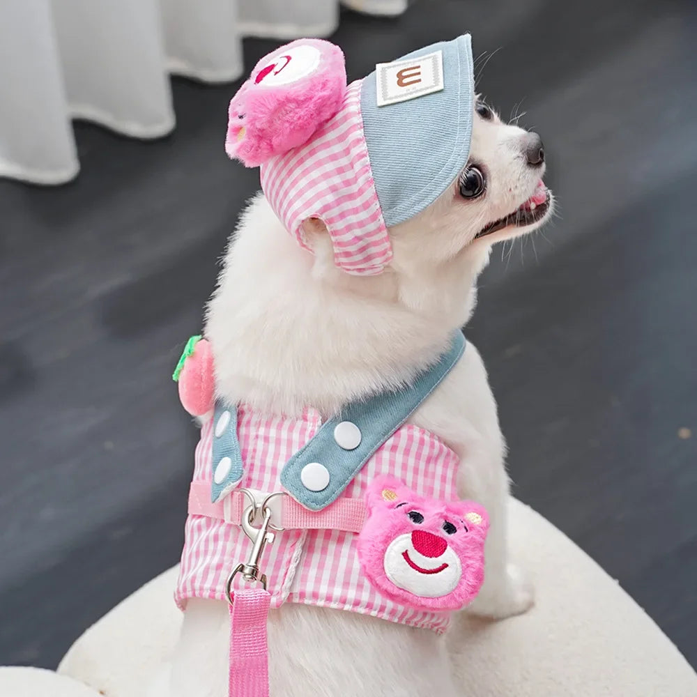 3-Piece Cartoon Pet Harness, Leash & Sun Hat Set – Vest Harness Costume for Cats & Small Dogs