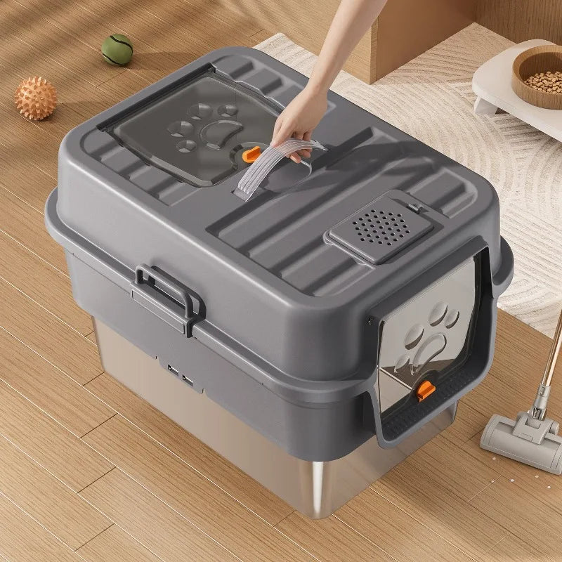 Stainless Steel Top Entry Self-Cleaning Cat Litter Box — Extra Large, Splash-Proof & Portable