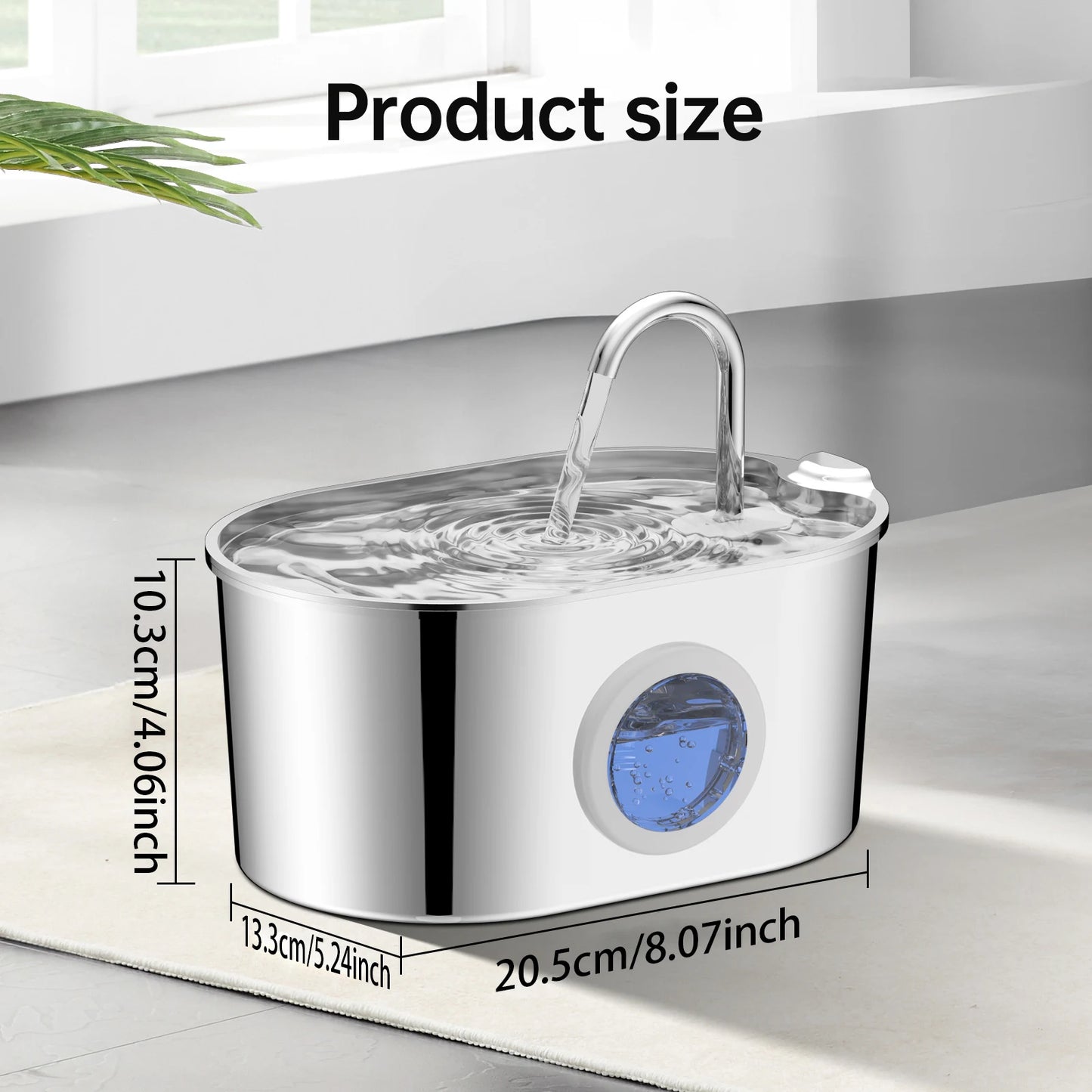 Fontaine à eau pour chat en acier inoxydable, 2,2 litres avec fenêtre de niveau d'eau et pompe à eau silencieuse pour chats et chiots