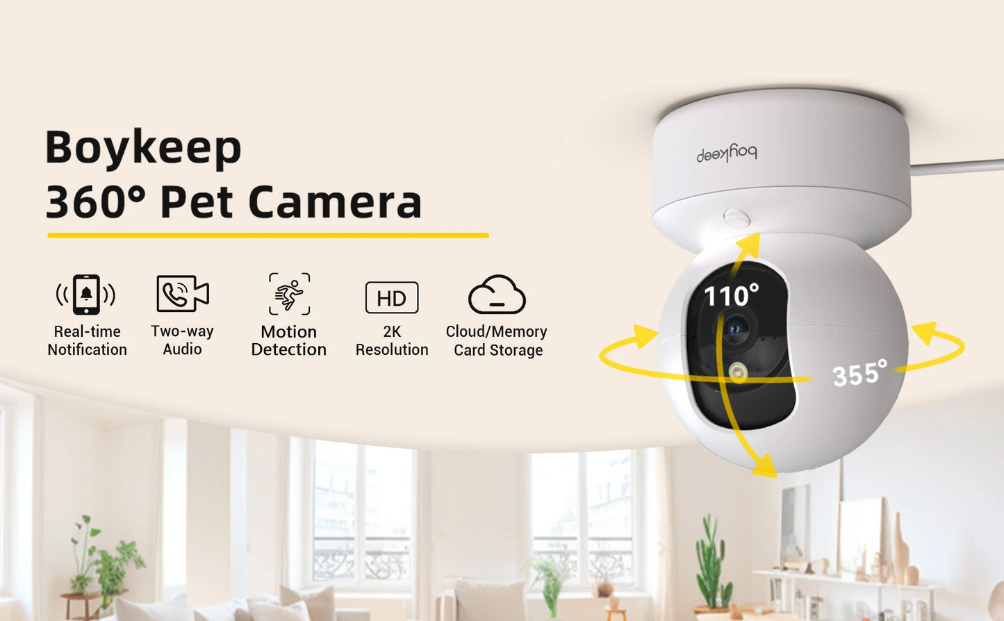2K Indoor WiFi Pet Camera — 360° Pan & Tilt with Night Vision & 2-Way Audio