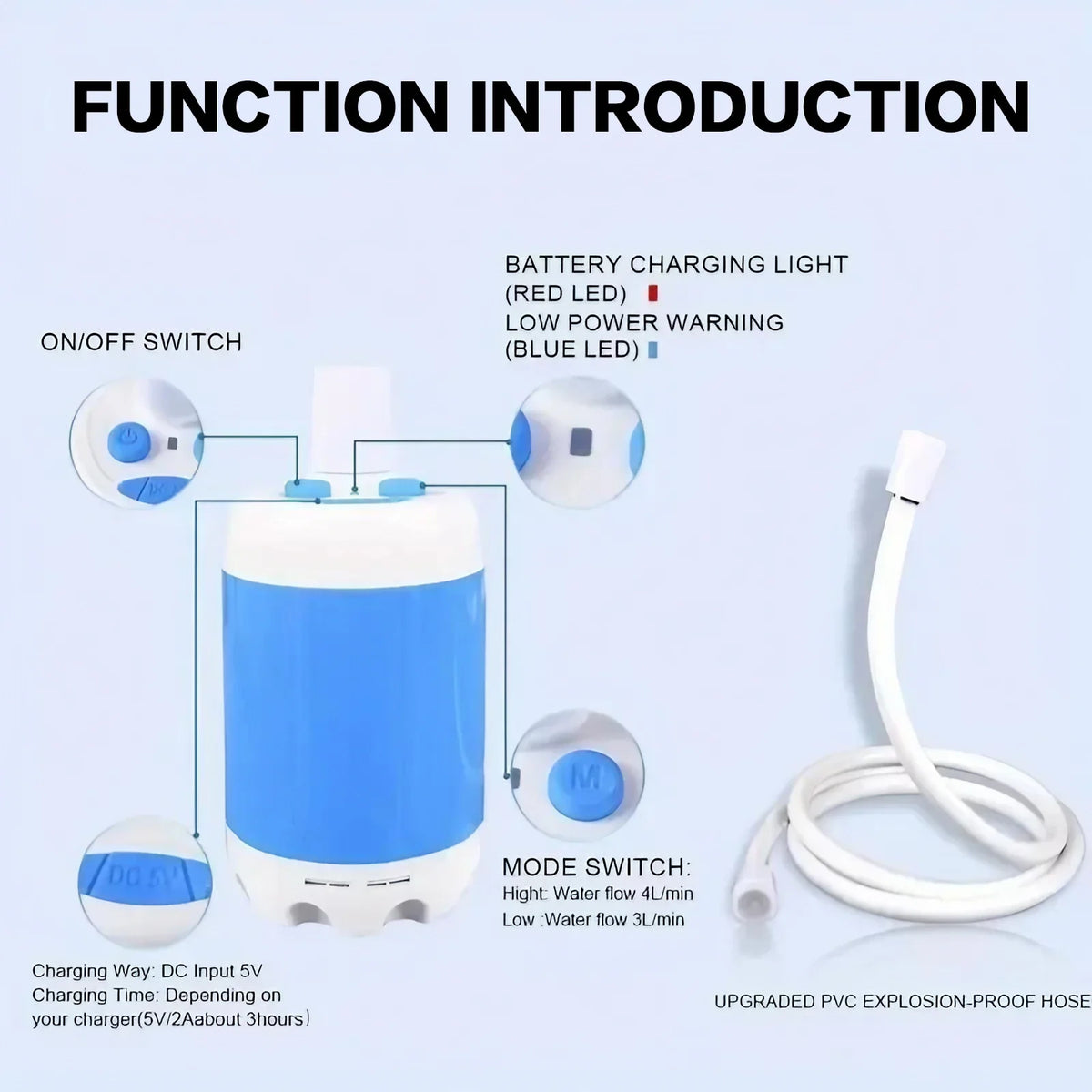 Rechargeable Portable Outdoor Shower Pump with 2m Hose
