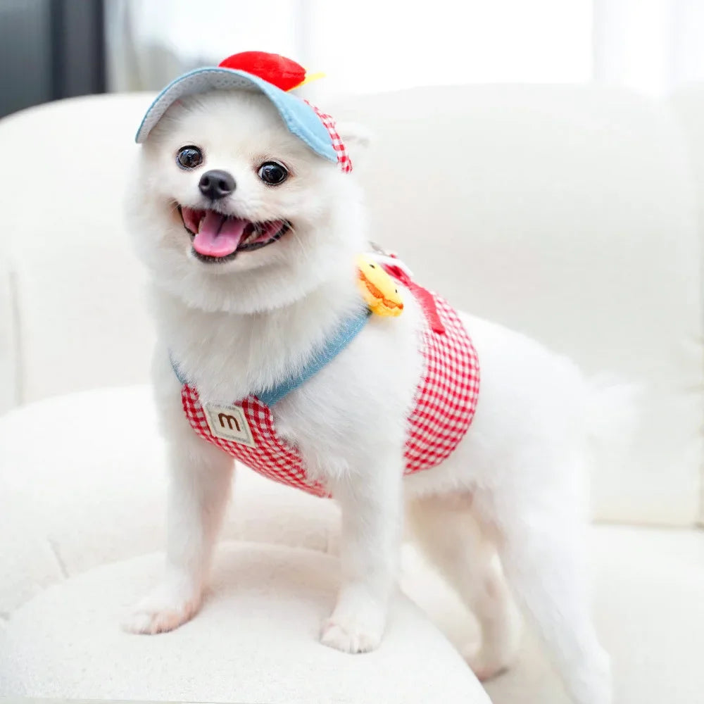 3-Piece Cartoon Pet Harness, Leash & Sun Hat Set – Vest Harness Costume for Cats & Small Dogs