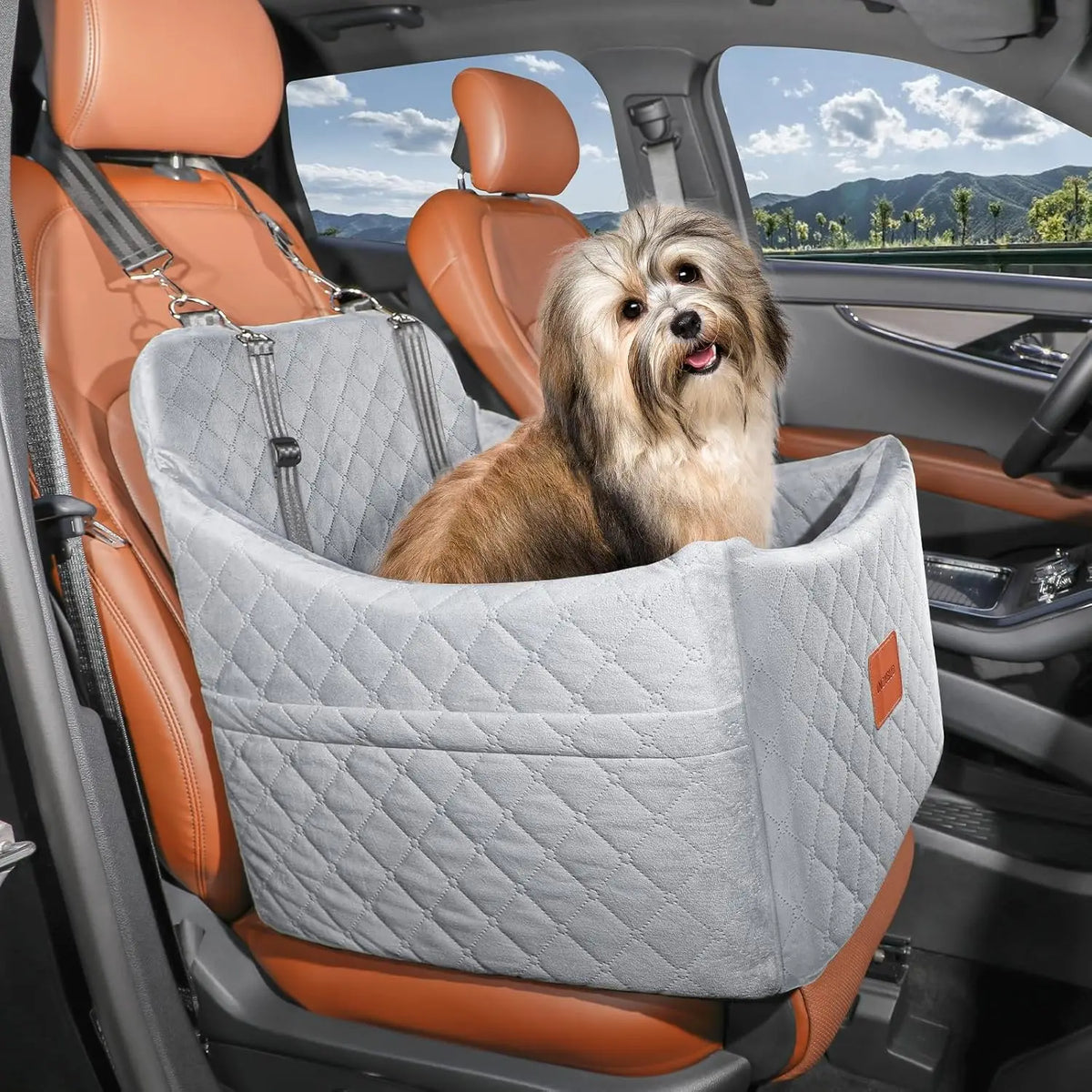 Elevated Memory Foam Dog Car Booster Seat with Storage Pockets