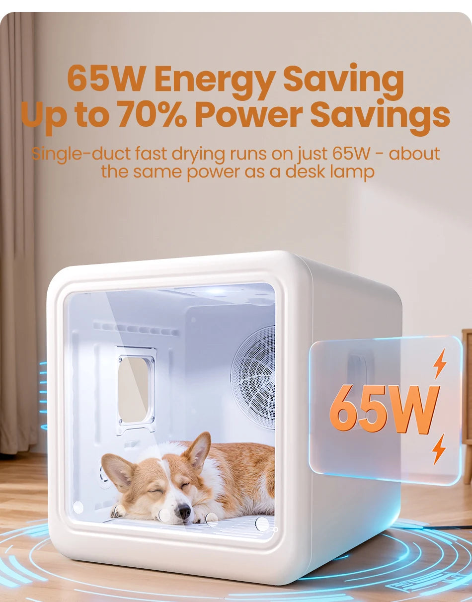 Boîte de séchage intelligente pour animaux de compagnie de 70 L avec séchage à 360° et contrôle automatique de la température