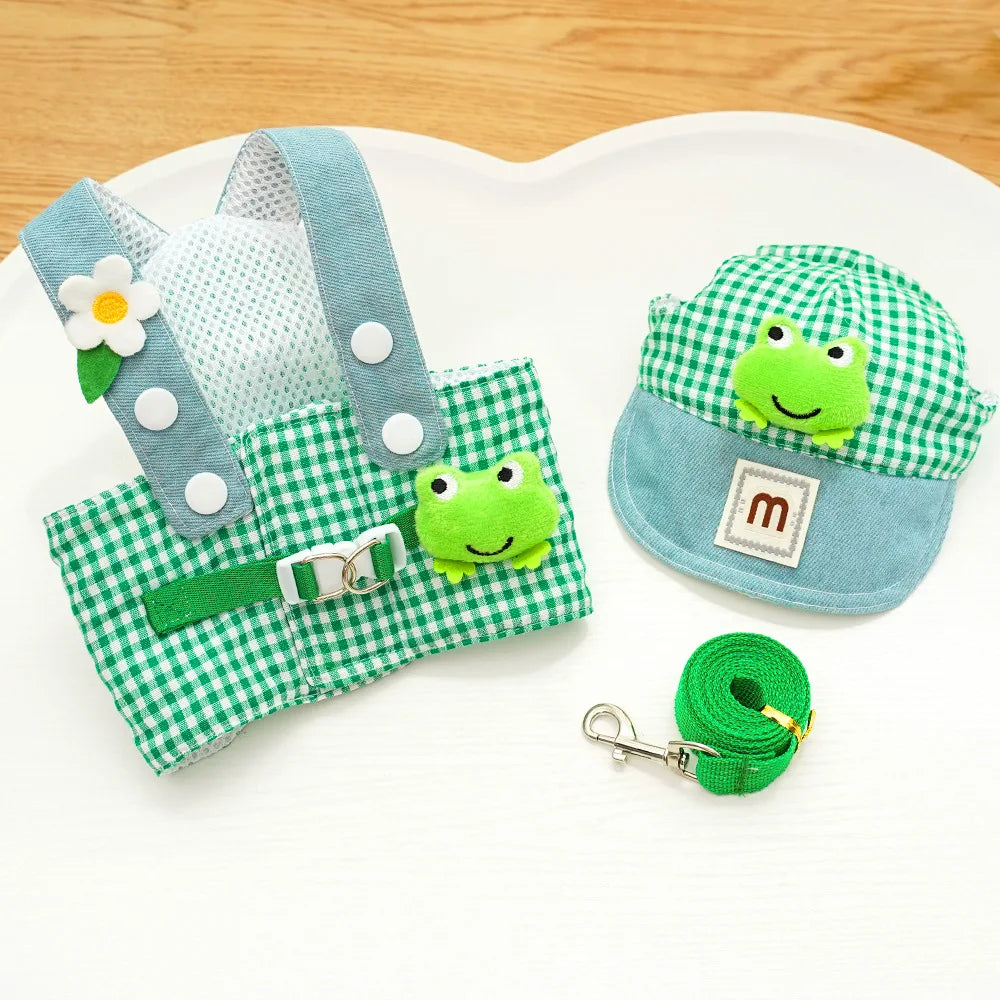 3-Piece Cartoon Pet Harness, Leash & Sun Hat Set – Vest Harness Costume for Cats & Small Dogs