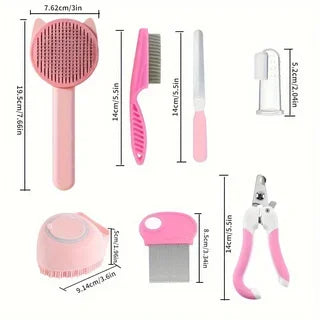 8-Piece Pet Grooming Kit — Self-Cleaning Brush, Nail Clippers, Flea Comb & Bath Brush for Cats & Dogs