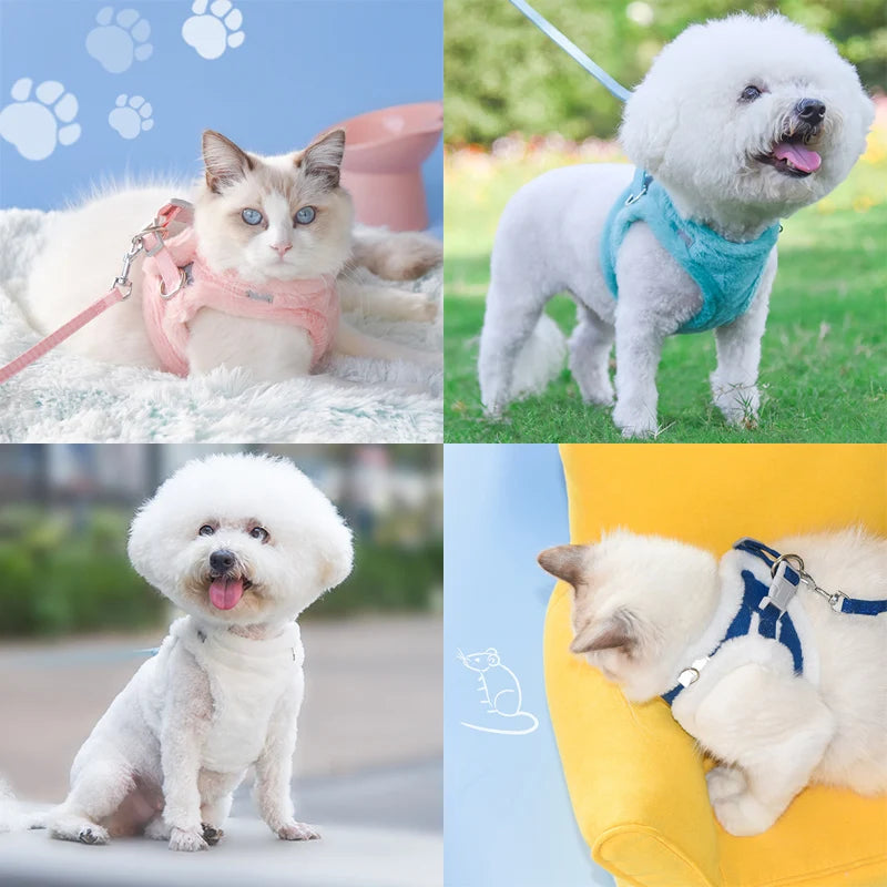 Winter Warm Faux Fur Cat & Dog Harness with Leash Set
