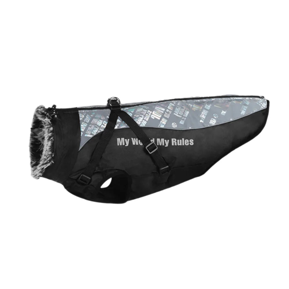 Reflective Waterproof Winter Dog Coat with Fur Collar & Harness