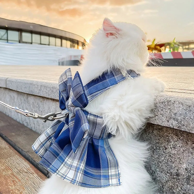 Plaid Bow Dress & Leash Set for Cats and Small Dogs