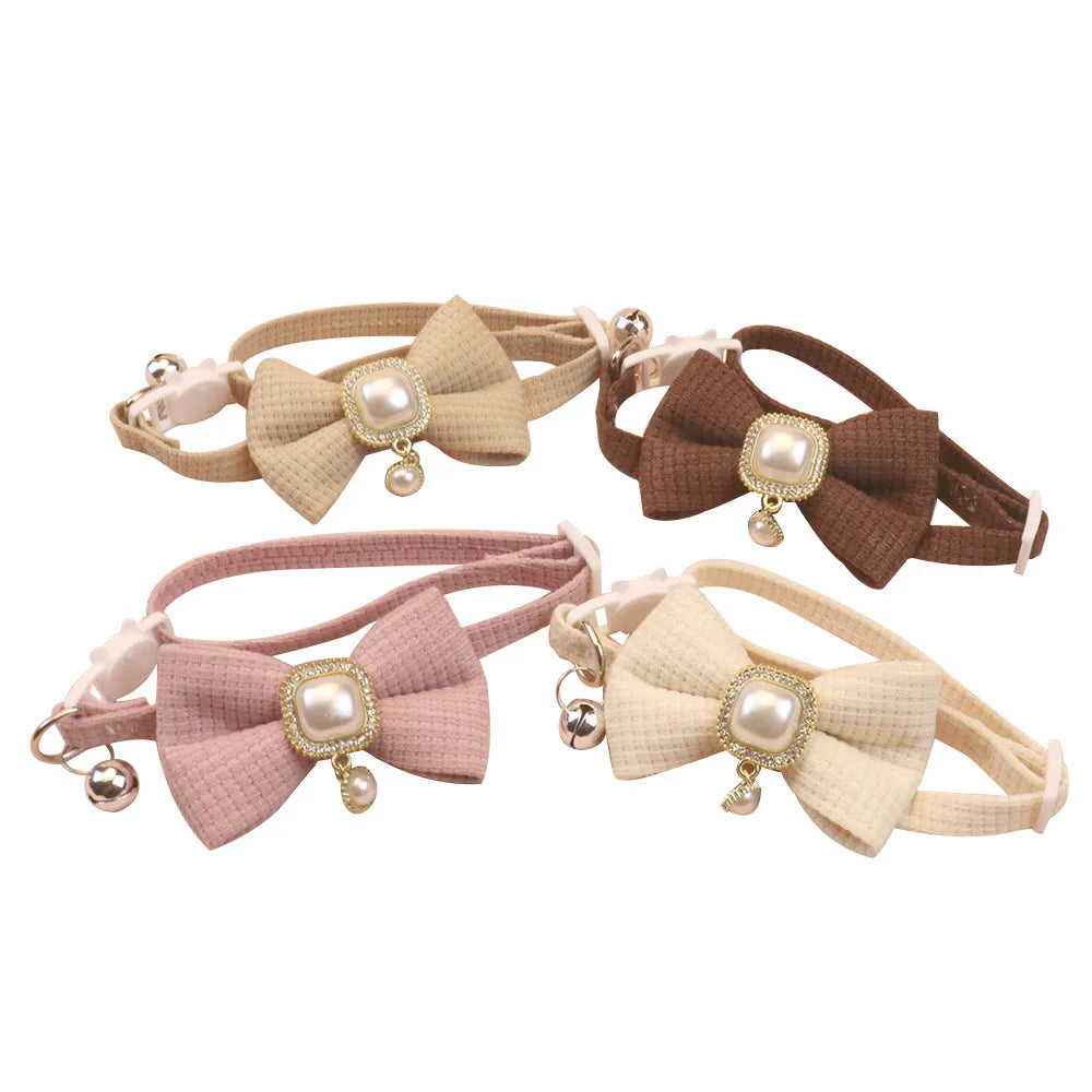 Waffle Bow & Pearl Pendant Cat Collar with Bell