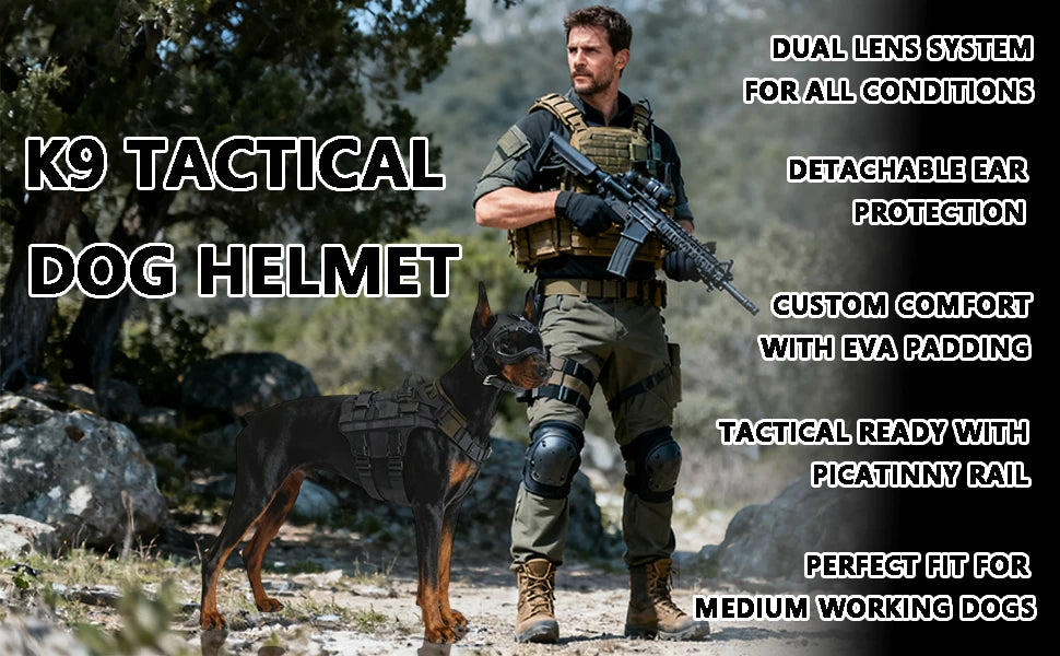 Tactical Dog Helmet with Removable Ear Guards — Adjustable Head Protection for Working Dogs & Large Breeds