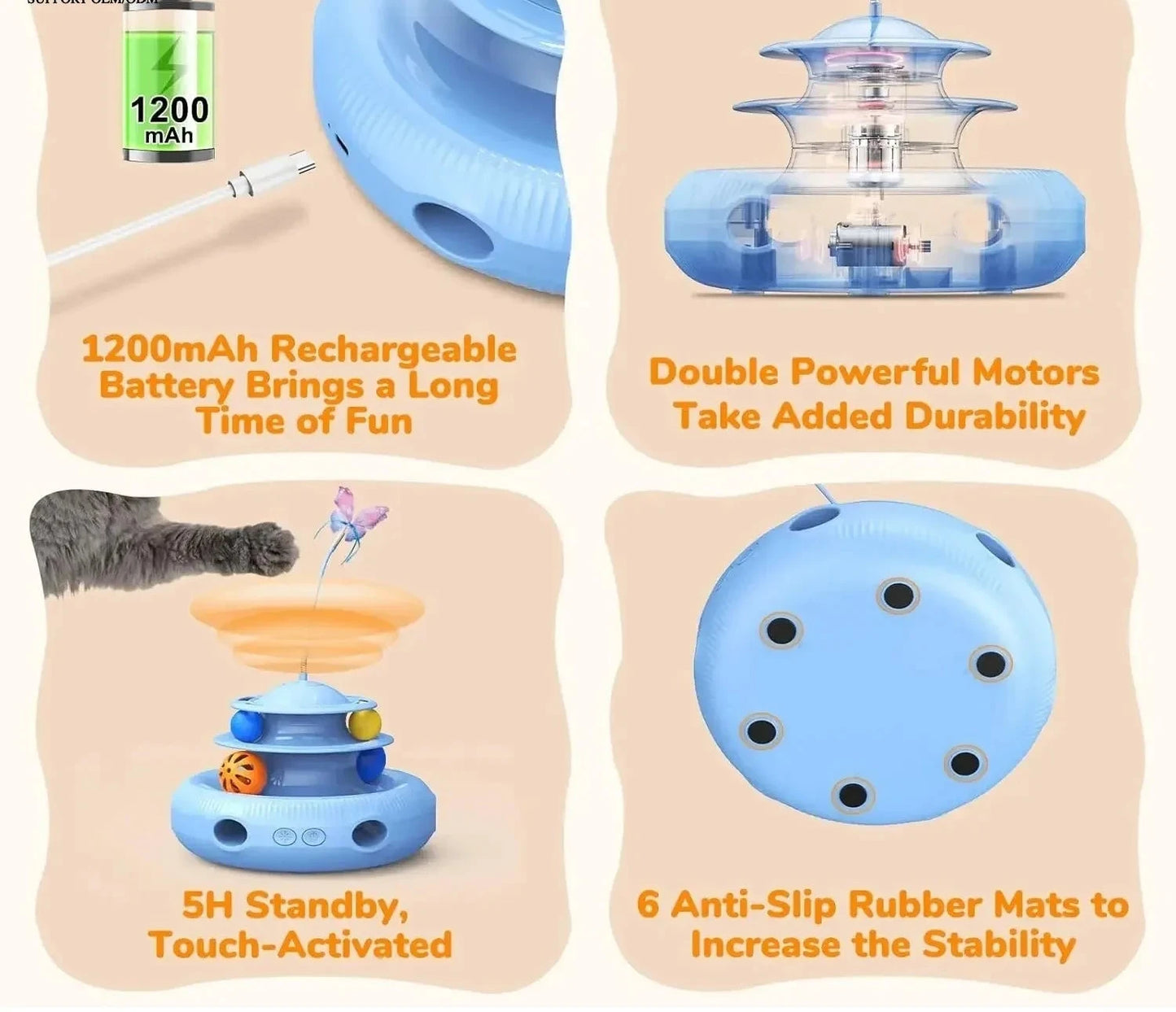 Jouet pour chat automatique rechargeable 4-en-1 avec papillon, plume et balle de piste