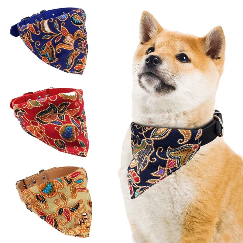 Printed PU Dog Collar with Bow Tie & Bandana Set — XS to L+