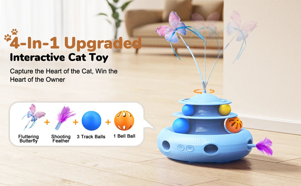 Jouet pour chat automatique rechargeable 4-en-1 avec papillon, plume et balle de piste