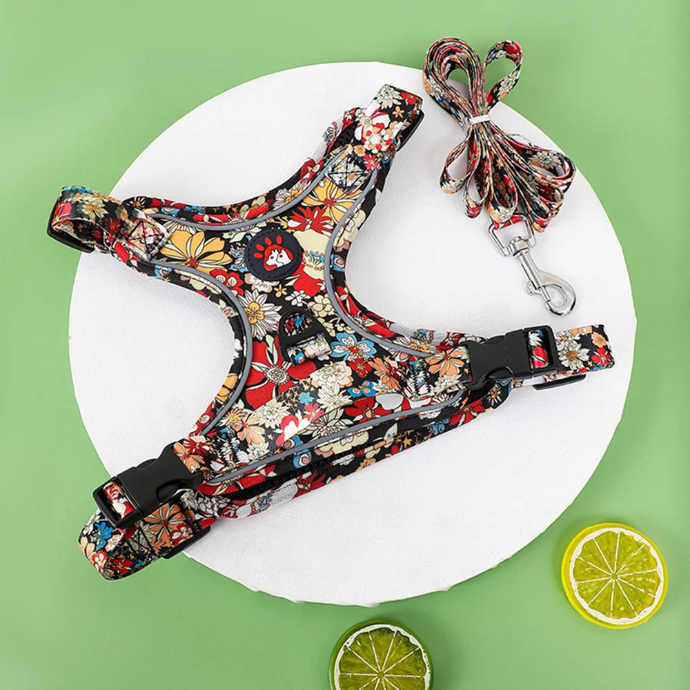 Floral Print Dog Harness & Lead Set with Reflective Strips