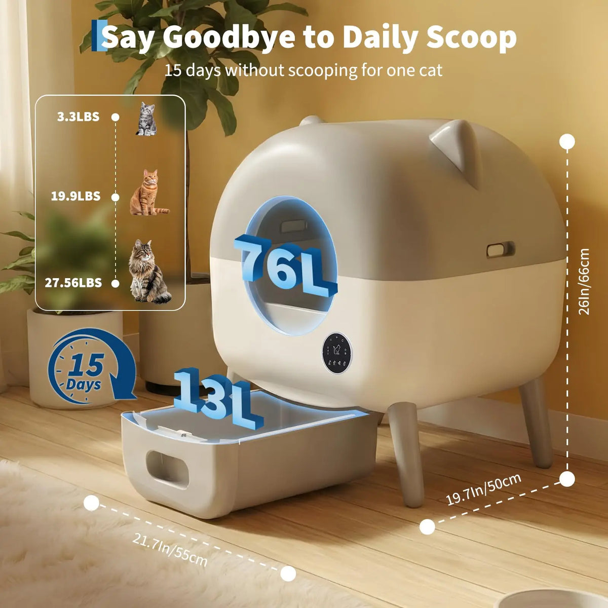 76L Self-Cleaning Cat Litter Box | 15-Day Waste Bin | ≤35dB Quiet | LED Night Light | App Control