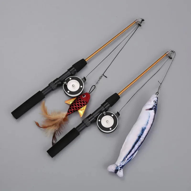 Canne à pêche rétractable pour chat - Baguette télescopique avec plume et leurre de poisson