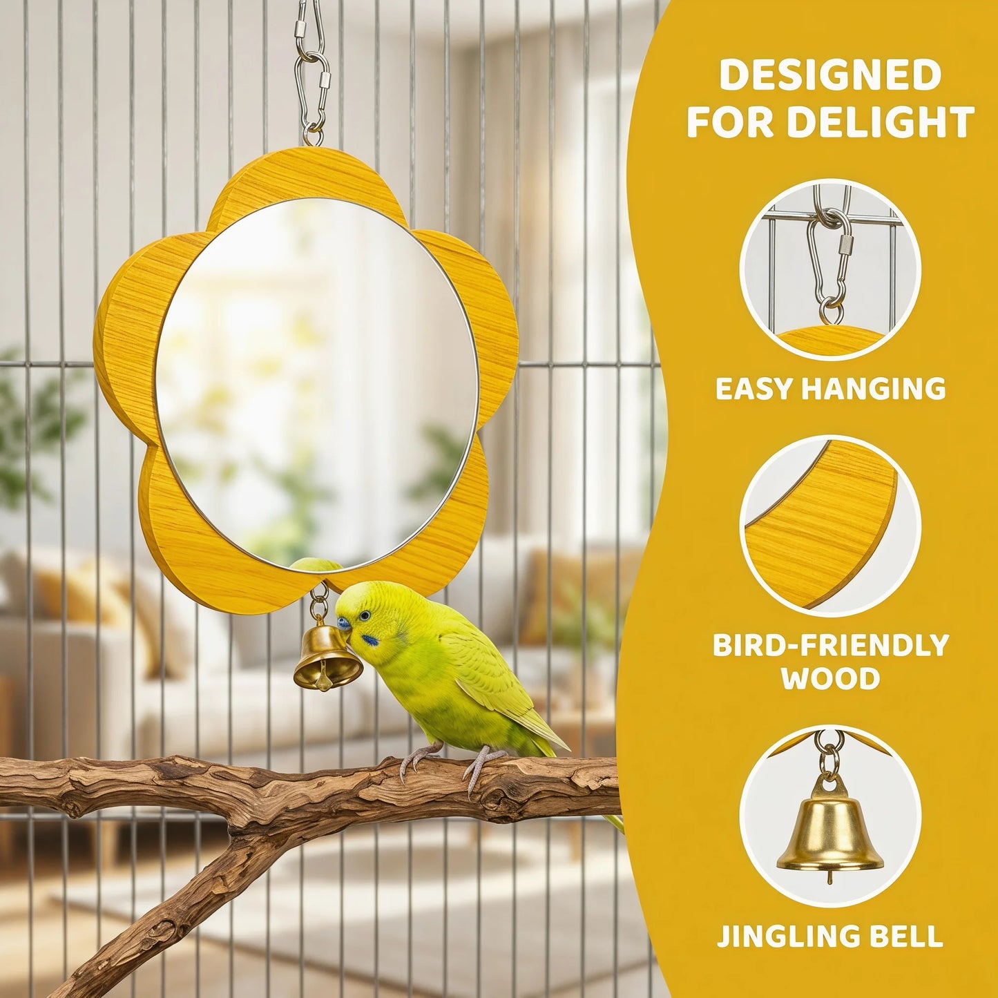 Wooden Flower Mirror Toy with Bell for Parrots & Budgies