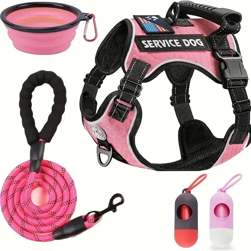 Dog Harness Set — Chest Vest, Shock-Absorbing Lead, Folding Bowl & Waste Bags