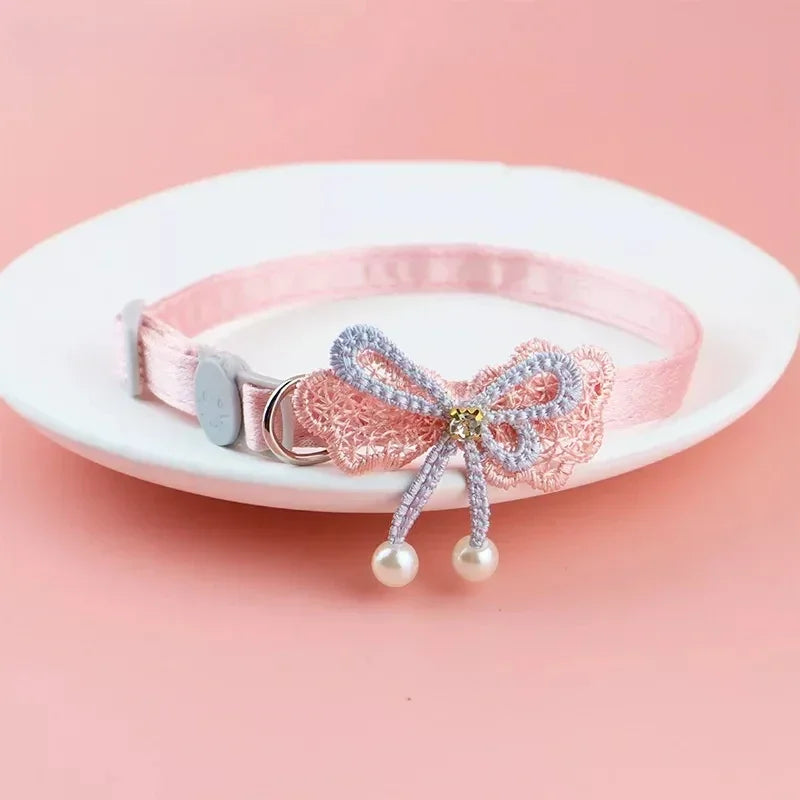 Pink Lace Bow Pet Collar with Bell for Cats and Small Dogs