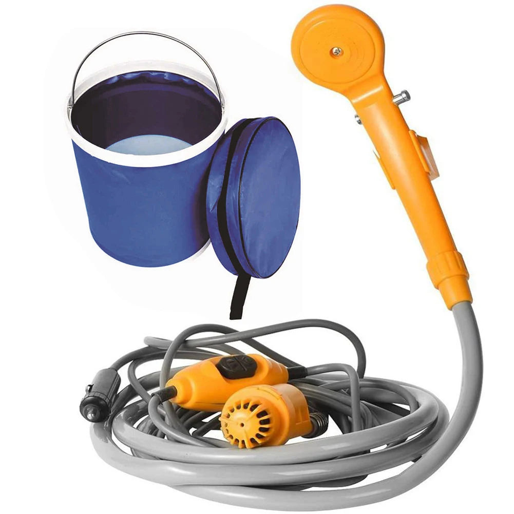 12V Portable Camping Shower Pump with Foldable Bucket Options