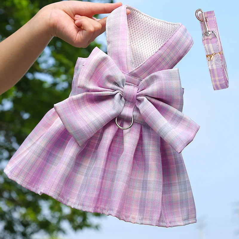 Plaid Bow Dress & Leash Set for Cats and Small Dogs