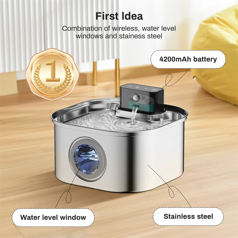 Stainless Steel Wireless Rechargeable Pet Water Fountain — Automatic Induction Drinking Bowl