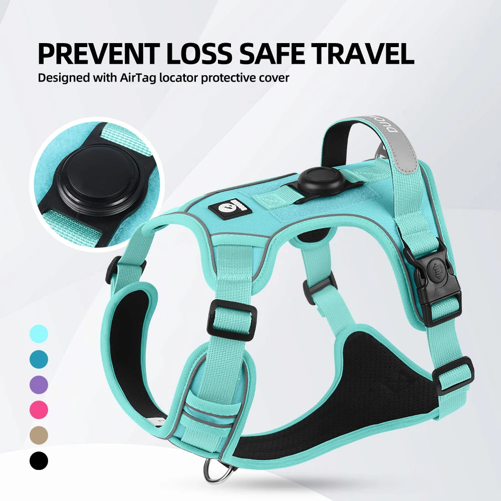 No-Pull Dog Harness with AirTag Holder, Handle & Front Clip — Reflective Padded Vest for Walking & Training