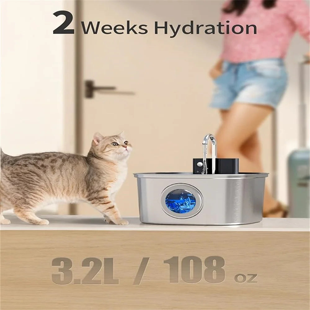 Fontaine à eau pour chat 3.2L 5V USB Recharge avec capteur automatique en acier inoxydable pour chats et chiens, bols multiples pour animaux de compagnie