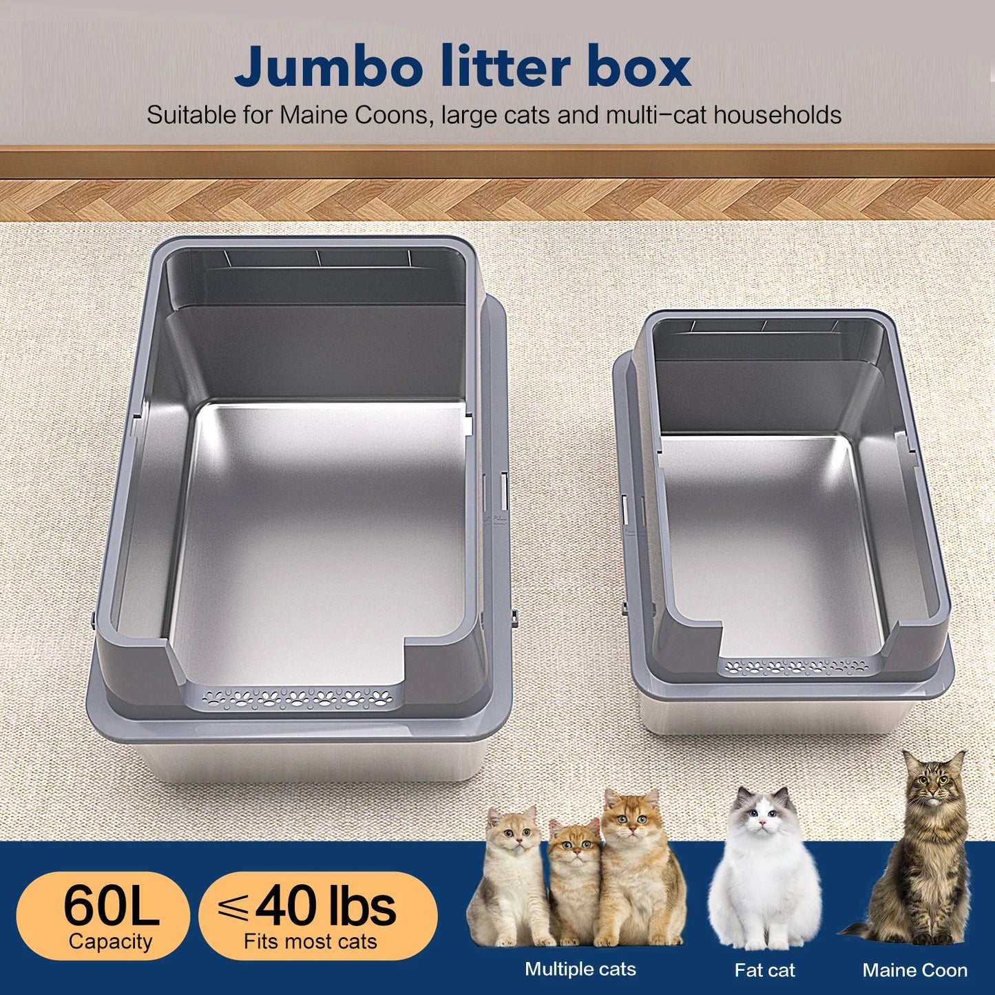 XXXL Stainless Steel Cat Litter Box with Lid — High Sides for Large & Big Cats