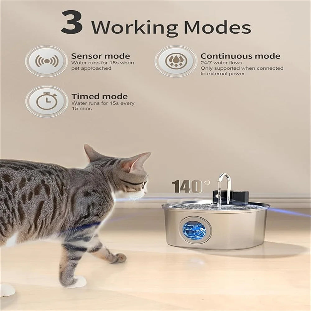 Fontaine à eau pour chat 3.2L 5V USB Recharge avec capteur automatique en acier inoxydable pour chats et chiens, bols multiples pour animaux de compagnie