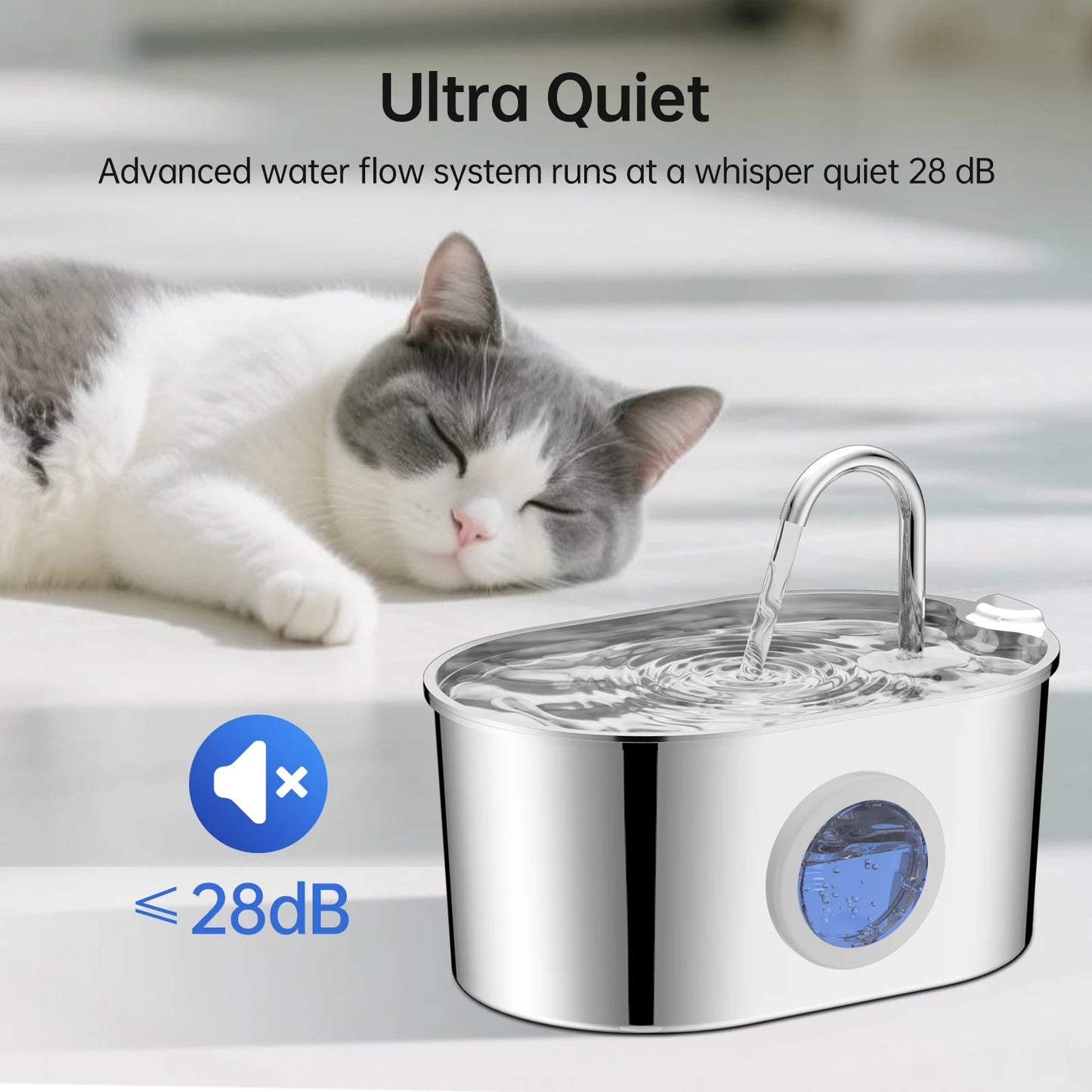 Fontaine à eau pour chat en acier inoxydable, 2,2 litres avec fenêtre de niveau d'eau et pompe à eau silencieuse pour chats et chiots