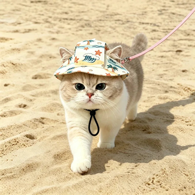 Cotton Bucket Sun Hat with Ear Holes for Cats & Small Dogs