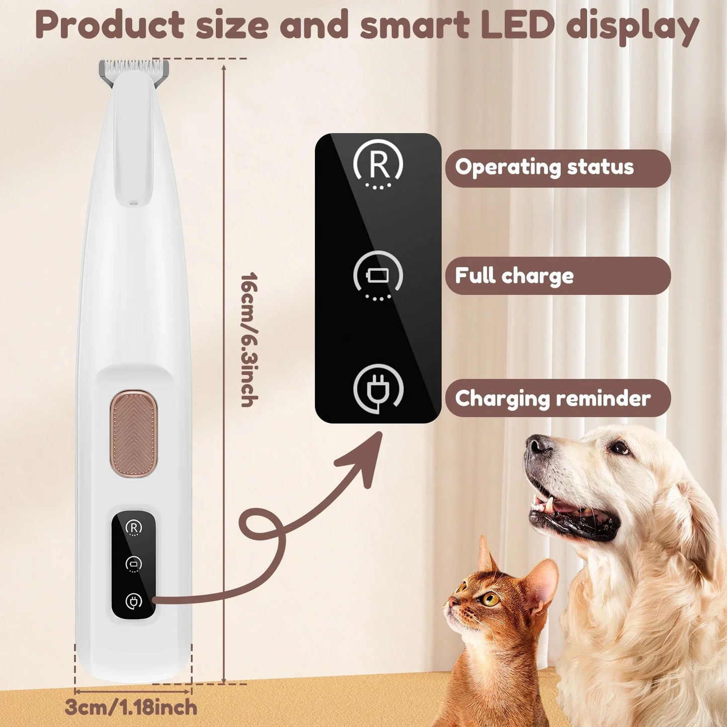 Cordless Dog Paw Trimmer with LED Light — Waterproof, 18mm Blade, LED Display
