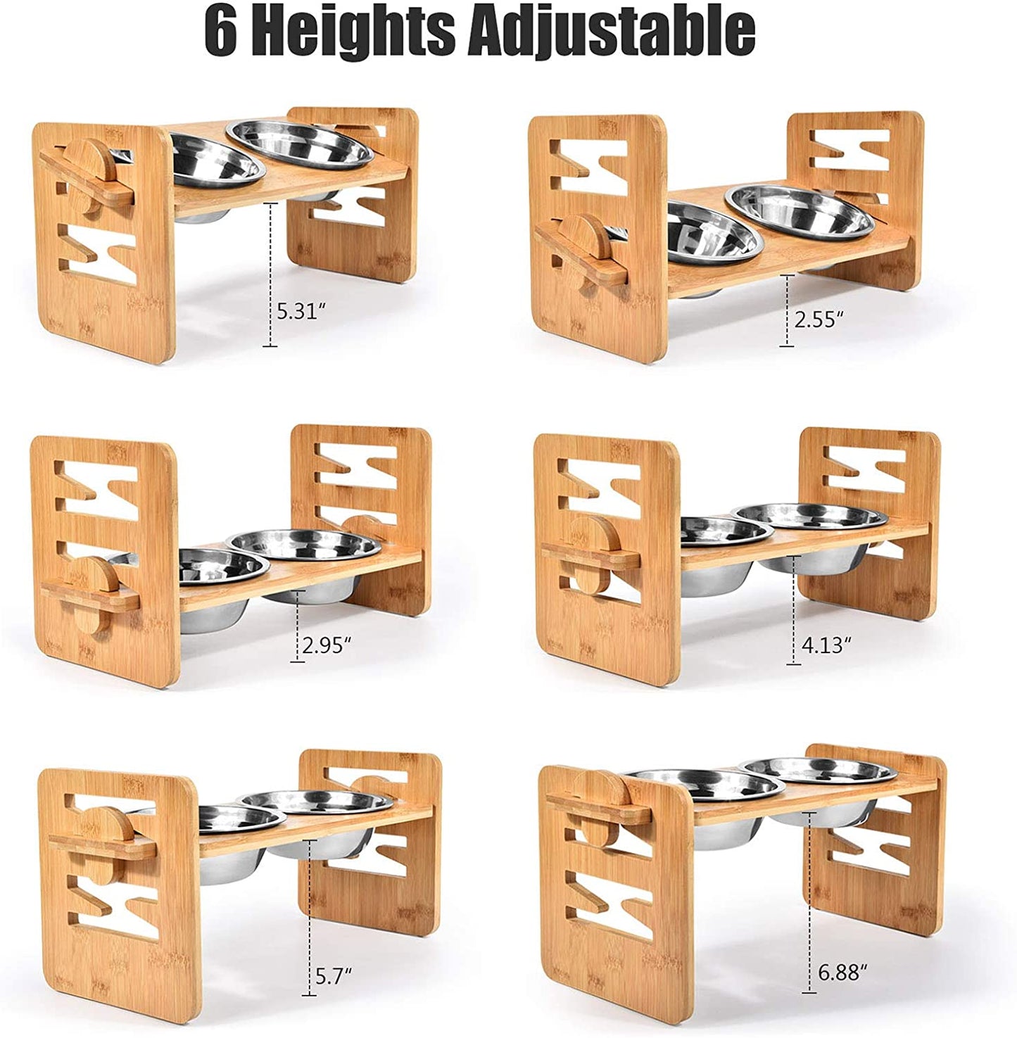 Bamboo Elevated Slanted Bowl Stand for Dogs & Cats — 15° Tilt or Flat, 6 Adjustable Heights
