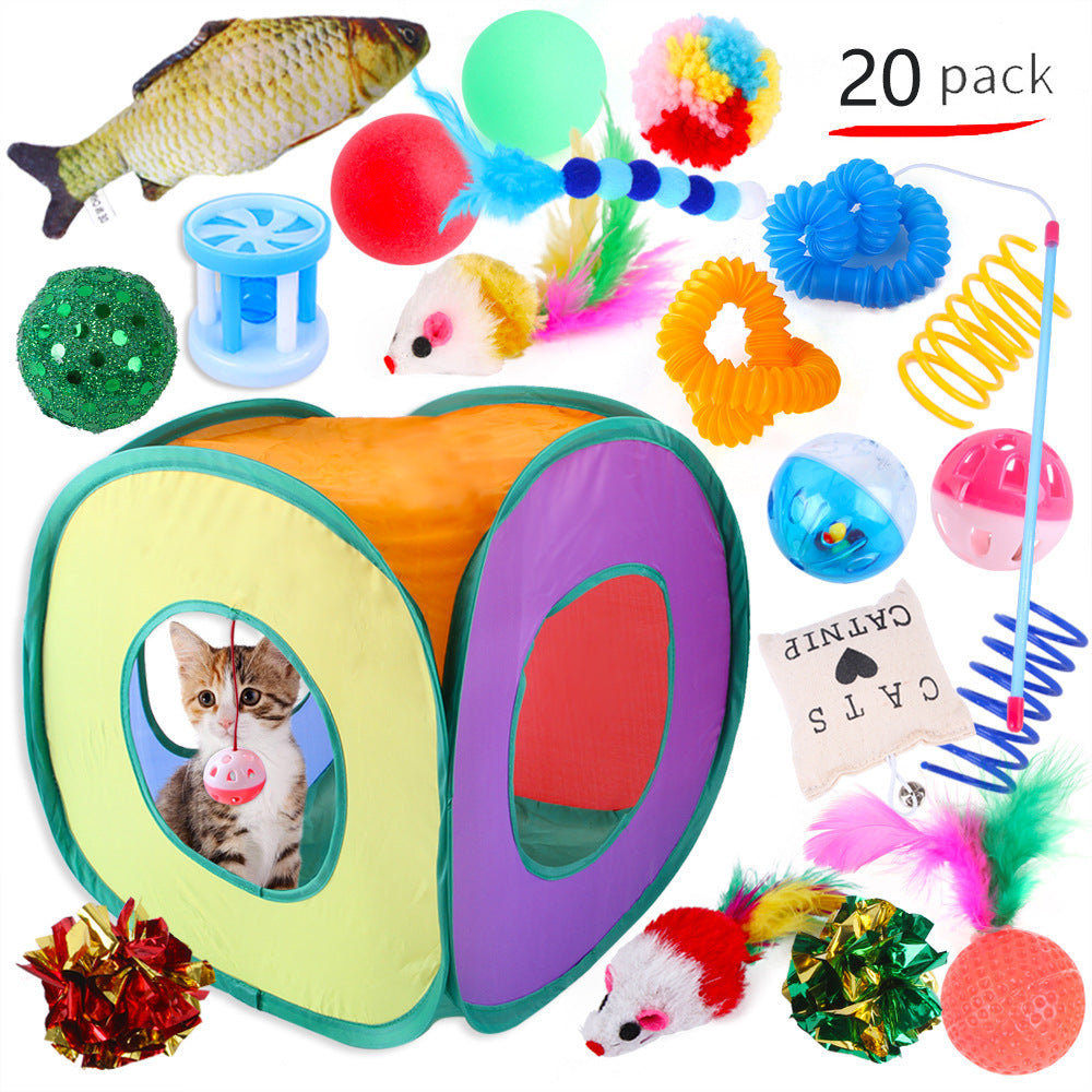 Foldable Cat Play Tunnel with Toys - Interactive Tent for Kittens