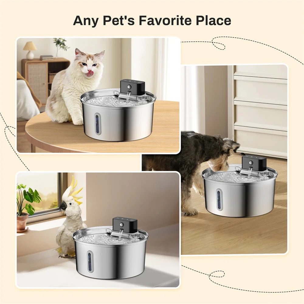 Smart Wireless Charging Pet Water Fountain with Sensor - 3.2L Stainless Steel