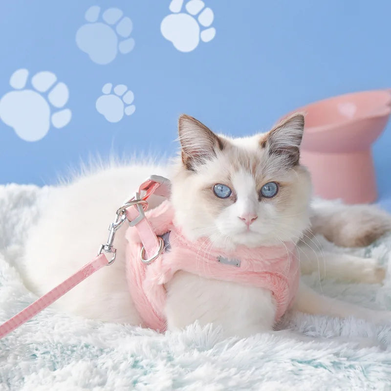 Winter Warm Faux Fur Cat & Dog Harness with Leash Set