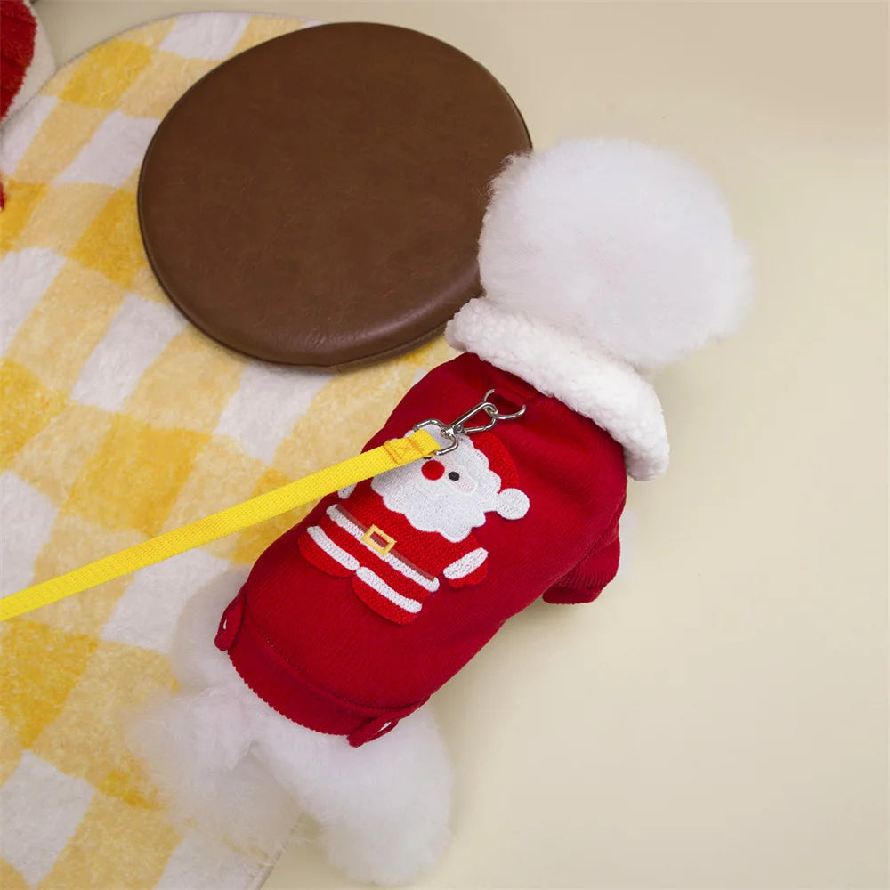 Christmas Pet Jacket with Fur Collar & Traction Ring