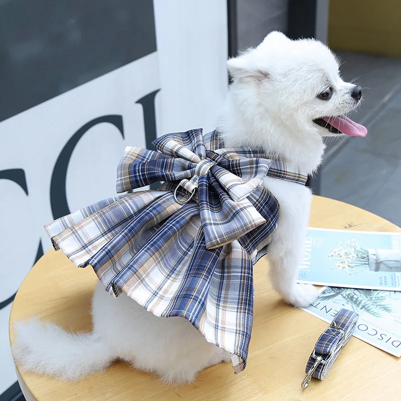 Plaid Bow Dress & Leash Set for Cats and Small Dogs