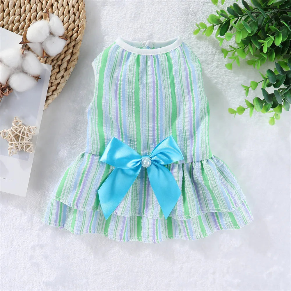 Robe de princesse pour animaux de compagnie - Robe d'été à rayures et carreaux avec nœud pour chats et petits chiens