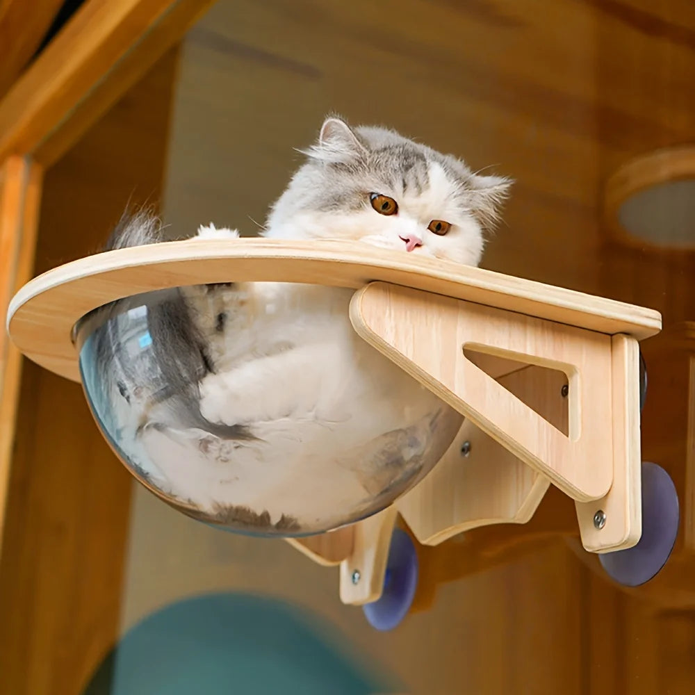 Cat Window Perch – Wooden Capsule Hammock Bed with Suction Cups