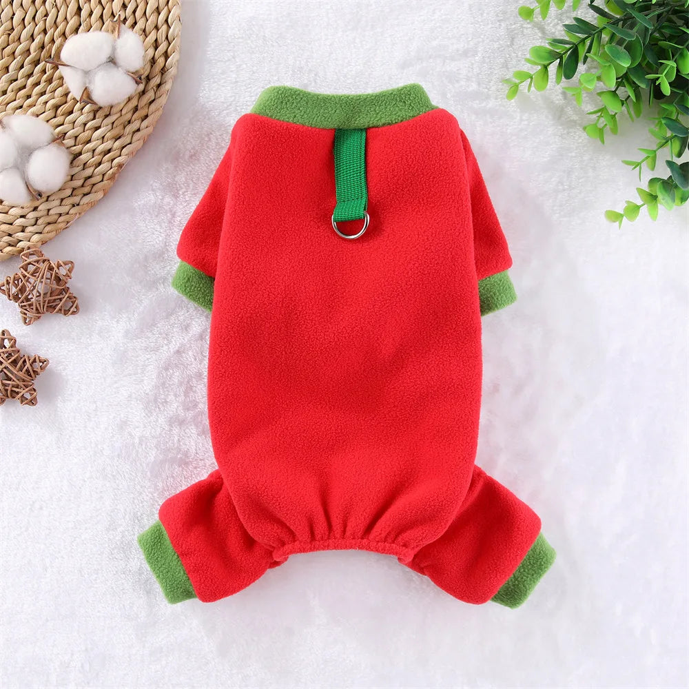 Fleece Dog Jumpsuit Hoodie with Leash Ring — Warm Winter Coat for Dogs & Cats
