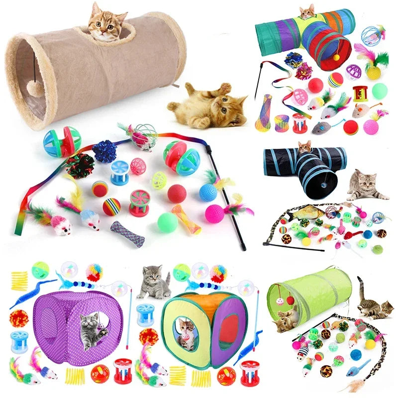 Foldable Cat Play Tunnel with Toys - Interactive Tent for Kittens