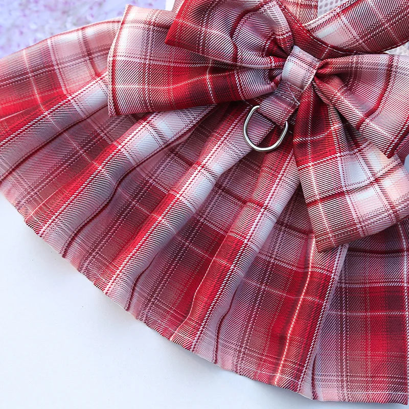 Plaid Bow Dress & Leash Set for Cats and Small Dogs